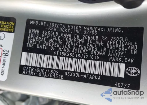 2006 Toyota Avalon Limited z USA, uszkodzony, nr VIN 4T1BK36B16U121615